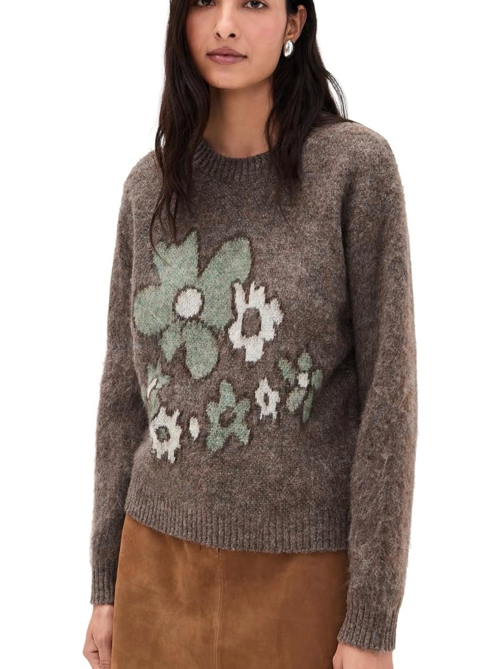 ASTR Floral Intarsia Crewneck Conetta Sweater Brown Green Wool Alpaca Flowers XS